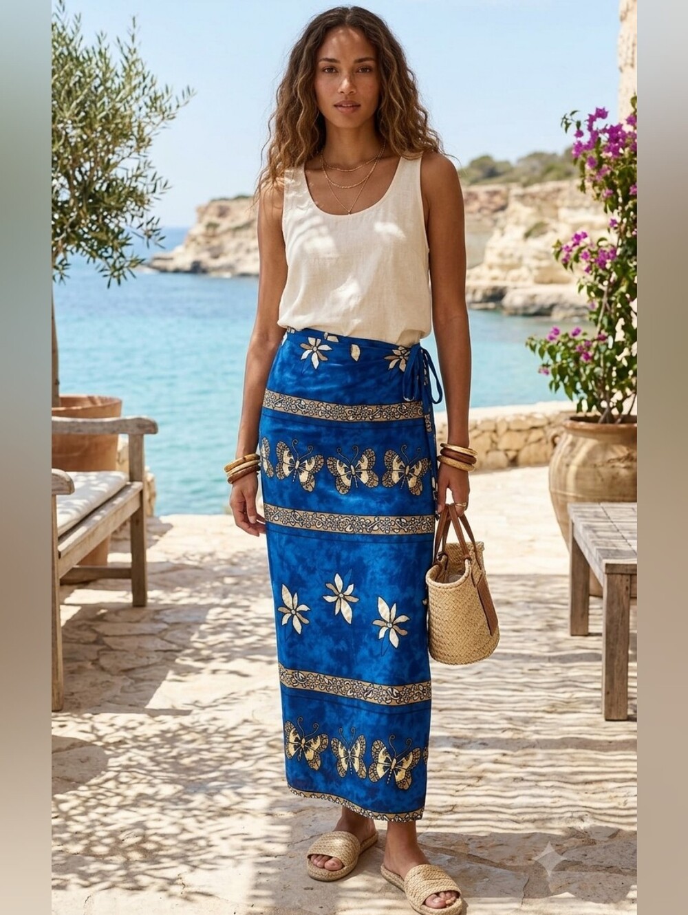 Blue Floral & Butterflies Tie-Waist Maxi Wrap Skirt